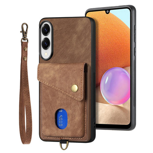 Samsung Galaxy S25 Edge 5G Retro Card Wallet Fold Leather Phone Case with Strap - Brown