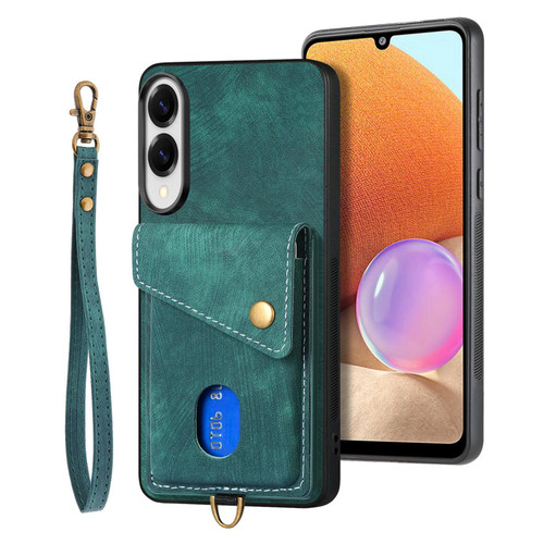 Samsung Galaxy S25 Edge 5G Retro Card Wallet Fold Leather Phone Case with Strap - Green