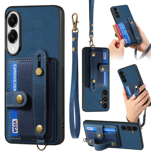 Samsung Galaxy S25 Edge 5G Retro Cross Wristband Wallet Leather Back Phone Case - Blue