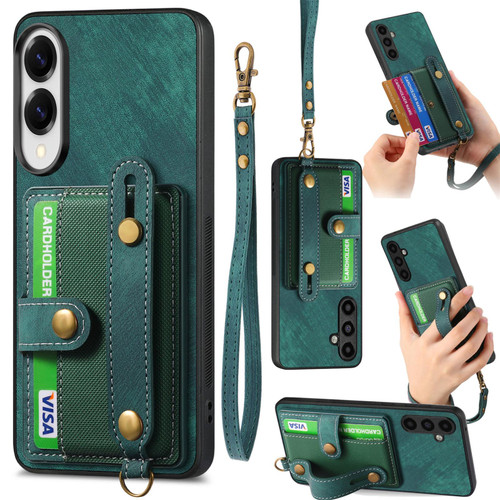 Samsung Galaxy S25 Edge 5G Retro Cross Wristband Wallet Leather Back Phone Case - Green