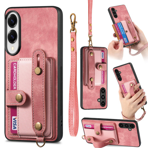 Samsung Galaxy S25 Edge 5G Retro Cross Wristband Wallet Leather Back Phone Case - Pink