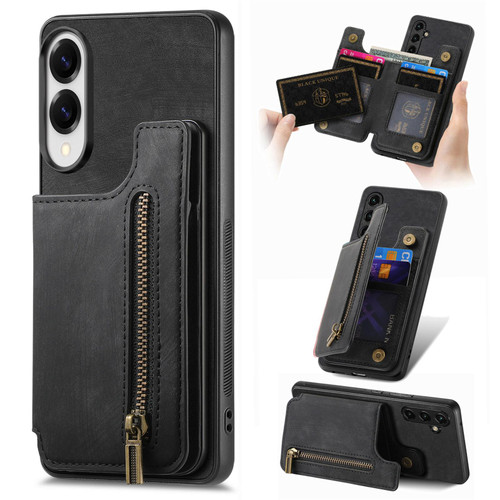 Samsung Galaxy S25 Edge 5G Retro Leather Zipper Wallet Back Phone Case - Black