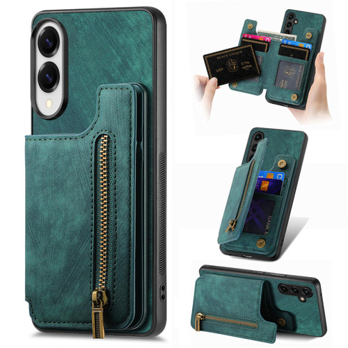 Samsung Galaxy S25 Edge 5G Retro Leather Zipper Wallet Back Phone Case - Green