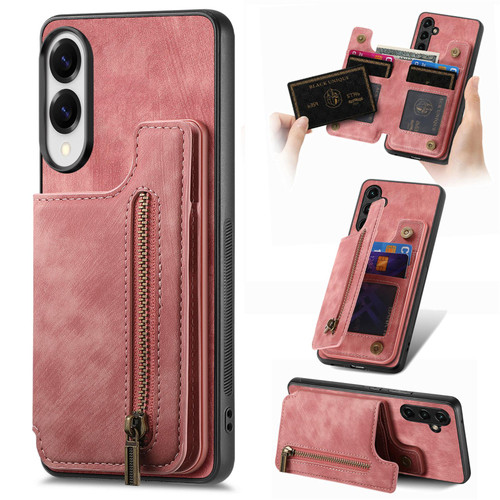 Samsung Galaxy S25 Edge 5G Retro Leather Zipper Wallet Back Phone Case - Pink
