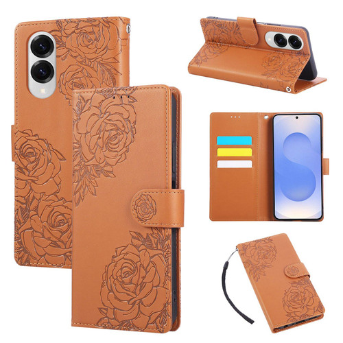 Samsung Galaxy S25 Edge 5G Rose Flower Embossed 3-Card Slots Leather Phone Case - Brown