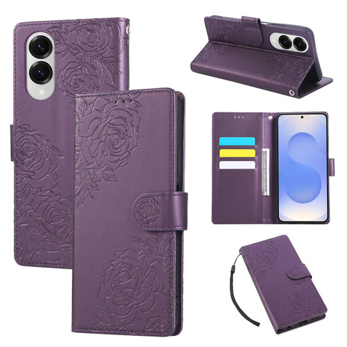 Samsung Galaxy S25 Edge 5G Rose Flower Embossed 3-Card Slots Leather Phone Case - Deep Purple