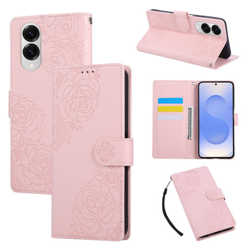 Samsung Galaxy S25 Edge 5G Rose Flower Embossed 3-Card Slots Leather Phone Case - Pink