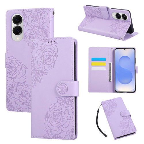 Samsung Galaxy S25 Edge 5G Rose Flower Embossed 3-Card Slots Leather Phone Case - Purple