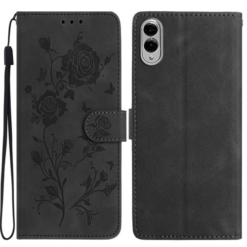 Samsung Galaxy S25 Edge 5G Rose Flower Embossing Pattern Leather Phone Case - Black
