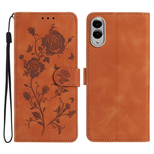 Samsung Galaxy S25 Edge 5G Rose Flower Embossing Pattern Leather Phone Case - Brown