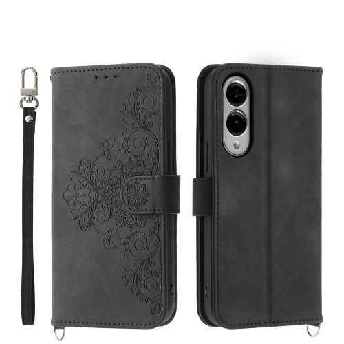 Samsung Galaxy S25 Edge 5G Skin Feel Flowers Embossed Wallet Leather Phone Case - Black