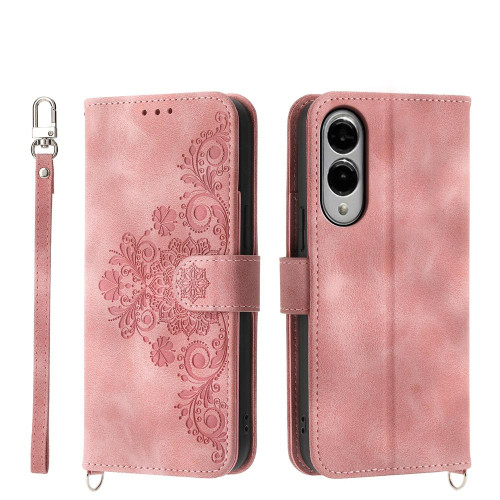 Samsung Galaxy S25 Edge 5G Skin Feel Flowers Embossed Wallet Leather Phone Case - Pink
