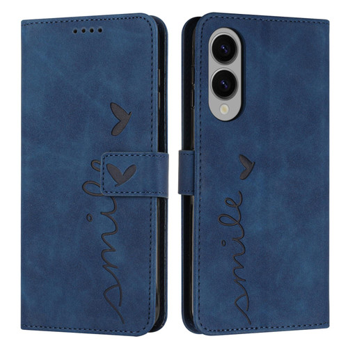 Samsung Galaxy S25 Edge 5G Skin Feel Heart Embossed Leather Phone Case with Long Lanyard - Blue