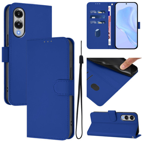 Samsung Galaxy S25 Edge 5G Skin Feel Solid Color Leather Phone Case with Lanyard - Dark Blue
