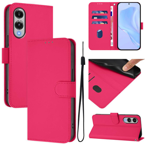 Samsung Galaxy S25 Edge 5G Skin Feel Solid Color Leather Phone Case with Lanyard - Rose Red