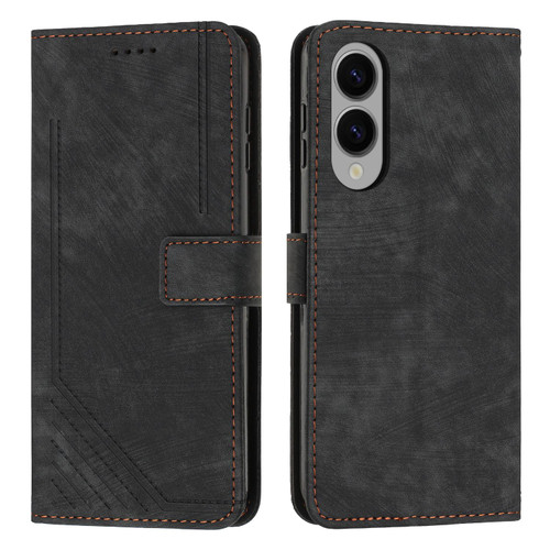 Samsung Galaxy S25 Edge 5G Skin Feel Stripe Pattern Leather Phone Case with Long Lanyard - Black