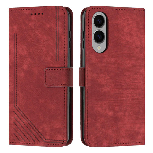 Samsung Galaxy S25 Edge 5G Skin Feel Stripe Pattern Leather Phone Case with Long Lanyard - Red