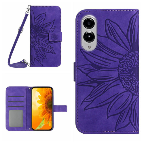 Samsung Galaxy S25 Edge 5G Skin Feel Sun Flower Embossed Flip Leather Phone Case with Lanyard - Dark Purple