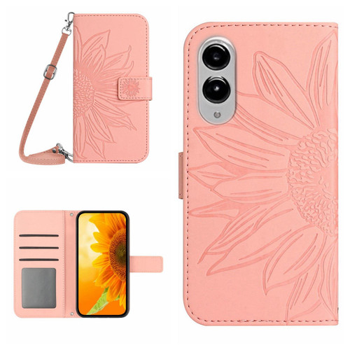 Samsung Galaxy S25 Edge 5G Skin Feel Sun Flower Embossed Flip Leather Phone Case with Lanyard - Pink