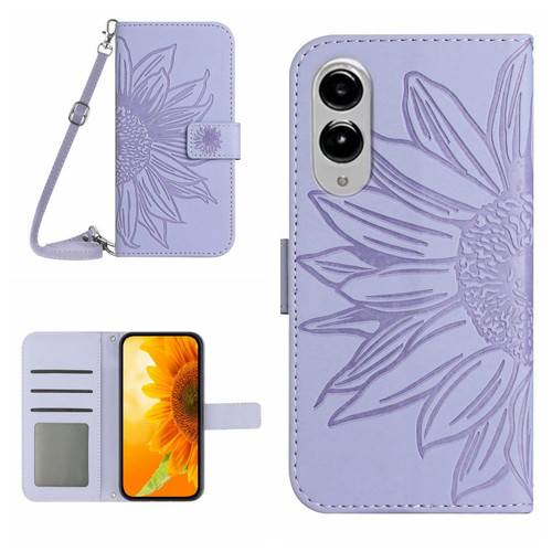 Samsung Galaxy S25 Edge 5G Skin Feel Sun Flower Embossed Flip Leather Phone Case with Lanyard - Purple