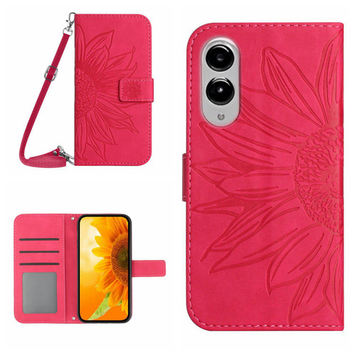Samsung Galaxy S25 Edge 5G Skin Feel Sun Flower Embossed Flip Leather Phone Case with Lanyard - Rose Red