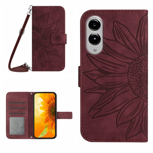 Samsung Galaxy S25 Edge 5G Skin Feel Sun Flower Embossed Flip Leather Phone Case with Lanyard - Wine Red