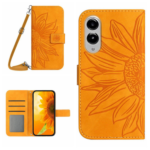 Samsung Galaxy S25 Edge 5G Skin Feel Sun Flower Embossed Flip Leather Phone Case with Lanyard - Yellow