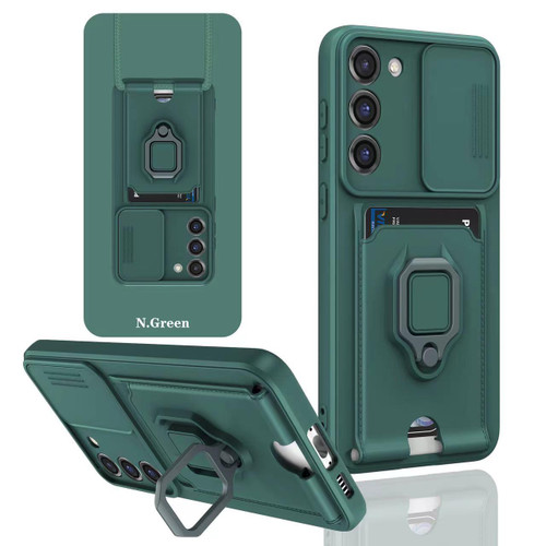 Samsung Galaxy S25 Edge 5G Sliding Camshield Magnetic Card Holder Silicone Phone Case - Dark Night Green