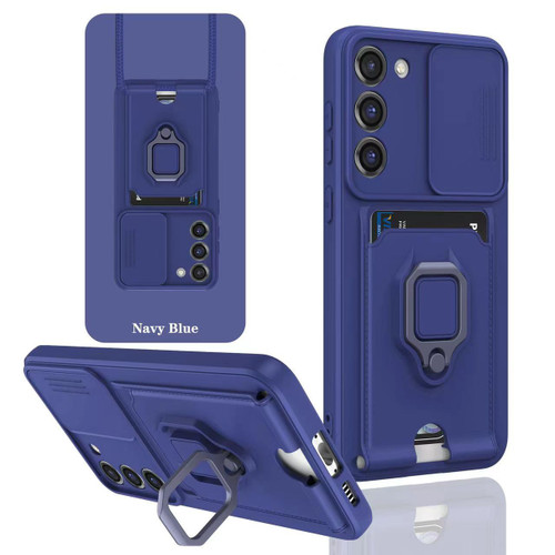 Samsung Galaxy S25 Edge 5G Sliding Camshield Magnetic Card Holder Silicone Phone Case - Navy Blue