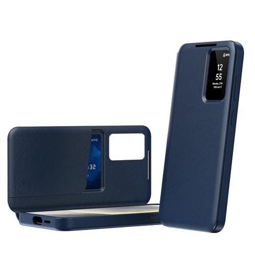 Samsung Galaxy S25 Edge 5G Smart View Window Leather Phone Case with Card Slot - Blue