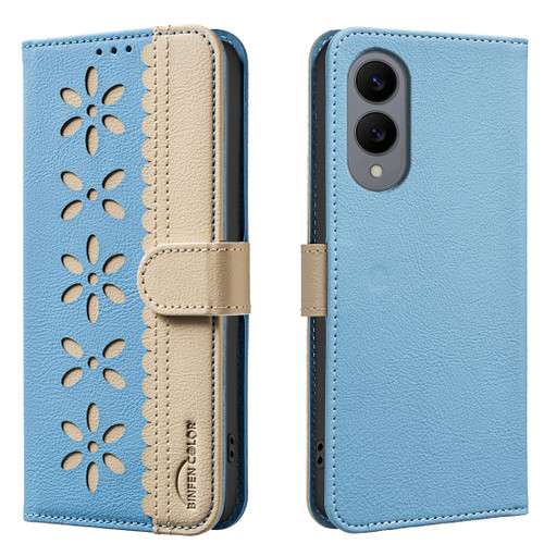 Samsung Galaxy S25 Edge 5G Splicing Color Hollow Flower Pattern RFID Leather Phone Case - Baby Blue