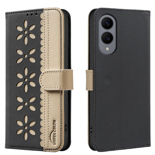 Samsung Galaxy S25 Edge 5G Splicing Color Hollow Flower Pattern RFID Leather Phone Case - Black