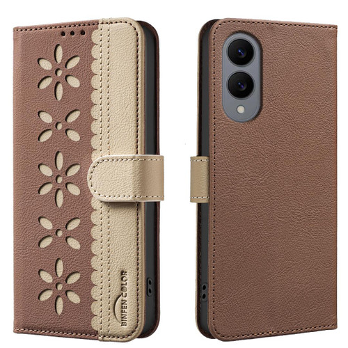 Samsung Galaxy S25 Edge 5G Splicing Color Hollow Flower Pattern RFID Leather Phone Case - Brown