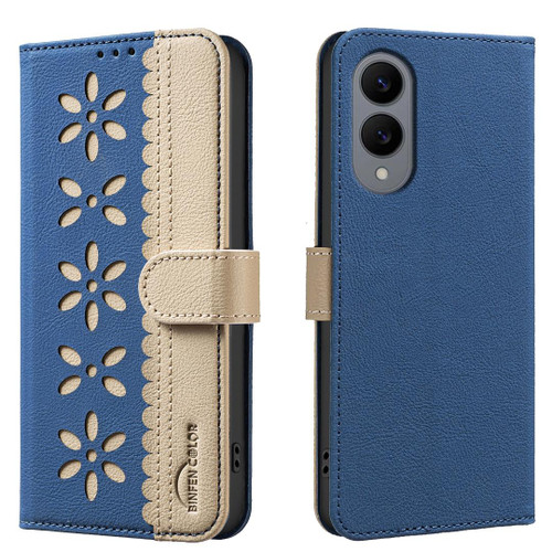 Samsung Galaxy S25 Edge 5G Splicing Color Hollow Flower Pattern RFID Leather Phone Case - Dark Blue