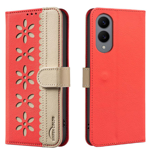 Samsung Galaxy S25 Edge 5G Splicing Color Hollow Flower Pattern RFID Leather Phone Case - Red