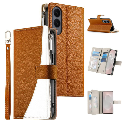 Samsung Galaxy S25 Edge 5G Stitching Multi-card Zipper Wallet Leather Phone Case with Short Strap - Brown