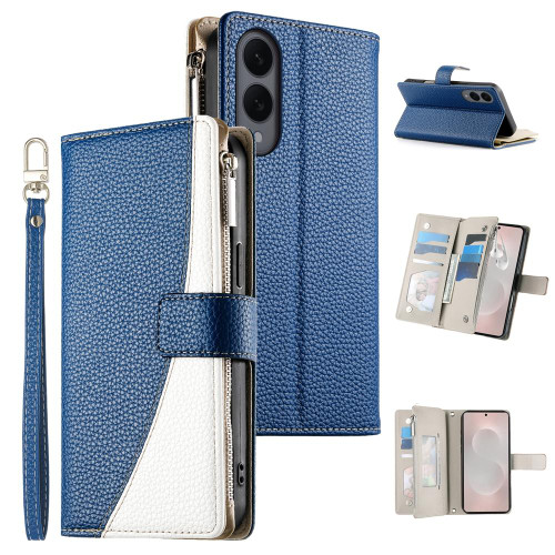 Samsung Galaxy S25 Edge 5G Stitching Multi-card Zipper Wallet Leather Phone Case with Short Strap - Dark Blue