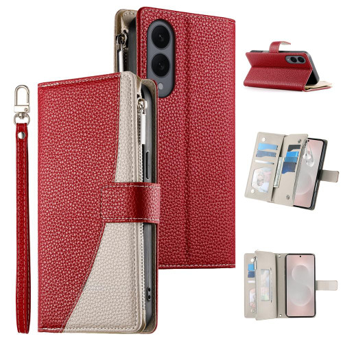 Samsung Galaxy S25 Edge 5G Stitching Multi-card Zipper Wallet Leather Phone Case with Short Strap - Red