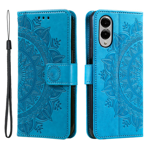 Samsung Galaxy S25 Edge 5G Totem Flower Embossed Leather Phone Case with Lanyard - Blue