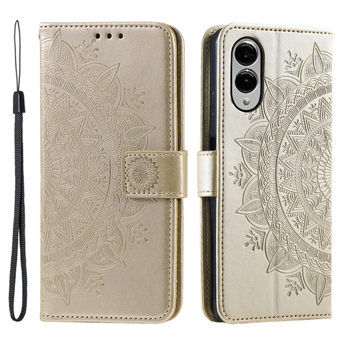 Samsung Galaxy S25 Edge 5G Totem Flower Embossed Leather Phone Case with Lanyard - Gold