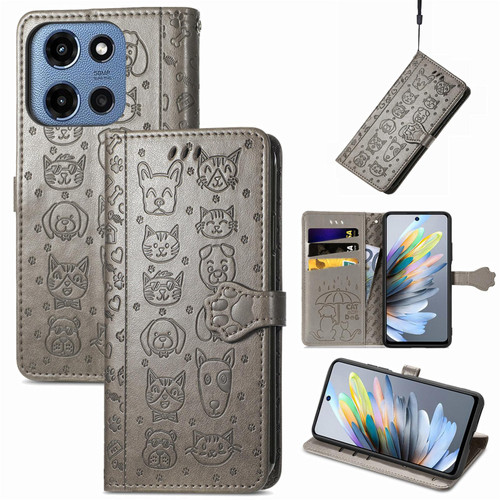 Moto G 2025 Cat and Dog Embossed Leather Phone Case - Gray