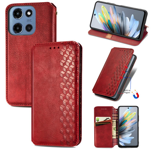 Moto G 2025 Cubic Grid Pressed Magnetic Leather Phone Case - Red