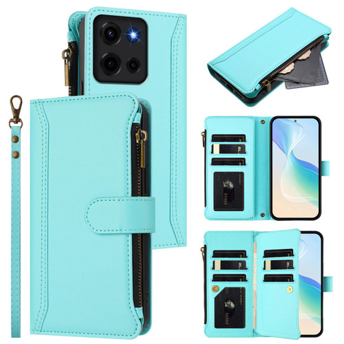 Moto G 2025 Magnetic Closure 9 Card Slots Zipper Leather Case with Hand Strap - Mint Green