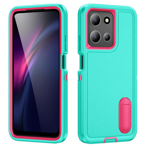 Moto G 2025 Rugged PC + Silicone Phone Case with Holder - Light Green+Rose Red