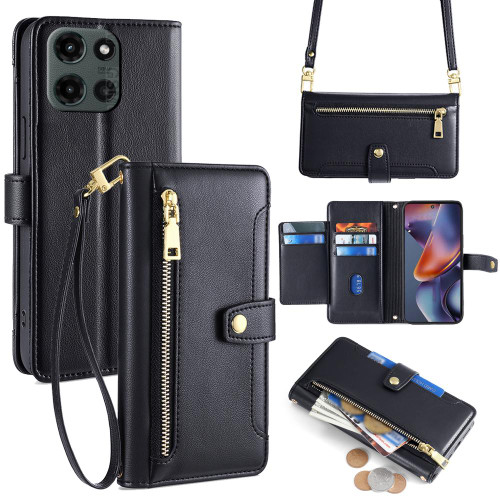 Moto G 2025 Sheep Texture Cross-body Zipper Wallet Leather Phone Case - Black
