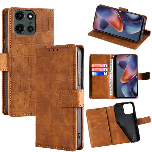 Moto G 2025 Skin Feel Crocodile Magnetic Clasp Leather Phone Case - Brown