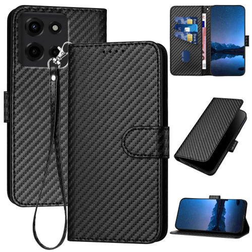 Moto G 2025 YX0070 Carbon Fiber Buckle Leather Phone Case with Lanyard - Black
