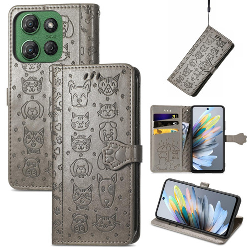 Moto G Power 2025 Cat and Dog Embossed Leather Phone Case - Gray