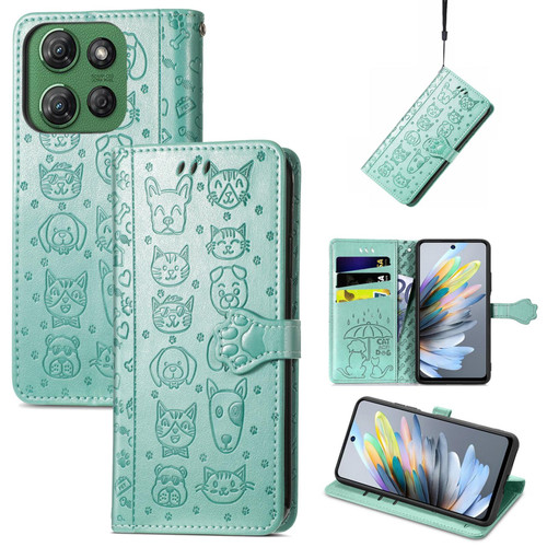 Moto G Power 2025 Cat and Dog Embossed Leather Phone Case - Green