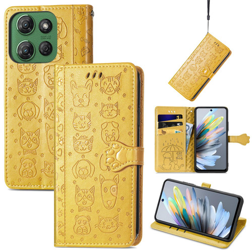 Moto G Power 2025 Cat and Dog Embossed Leather Phone Case - Yellow